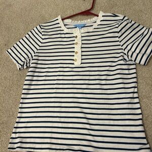 Draper James White and Navy Striped Short Sleeve Henley Tee